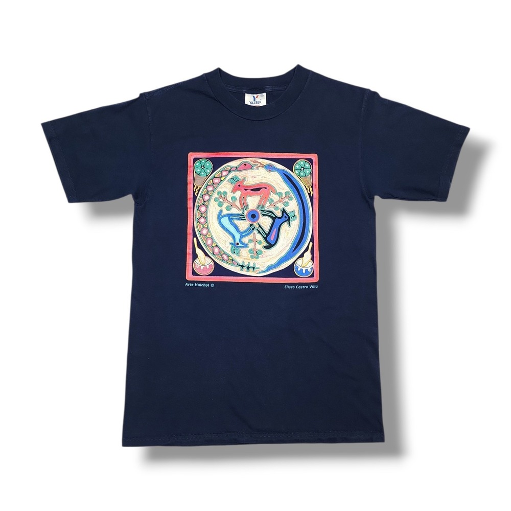 Vintage Arte Huichol Eliseo Castro Villa Mexican Folk Art Navy‎ T-Shirt Men's M